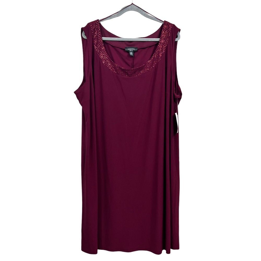 R&M Richards Women Shift Dress Stretch Glitter Neckline Sleeveless Merlot Sz 3X*